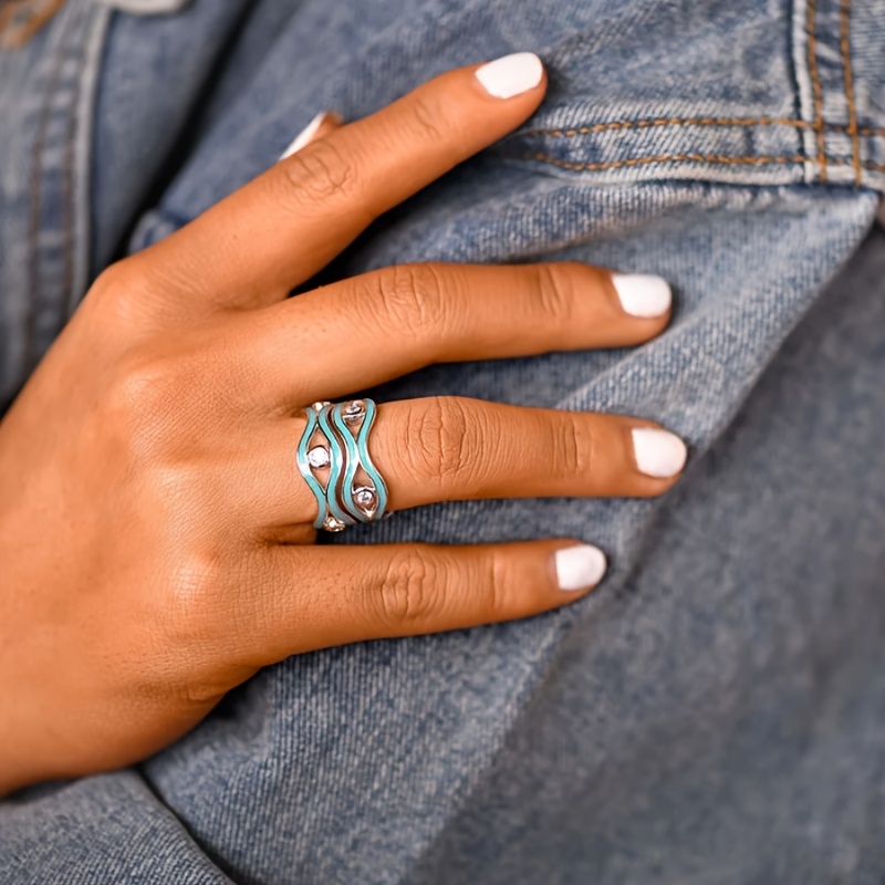 Bohemian Turquoise Wave Enamel Ring with Golden Plating